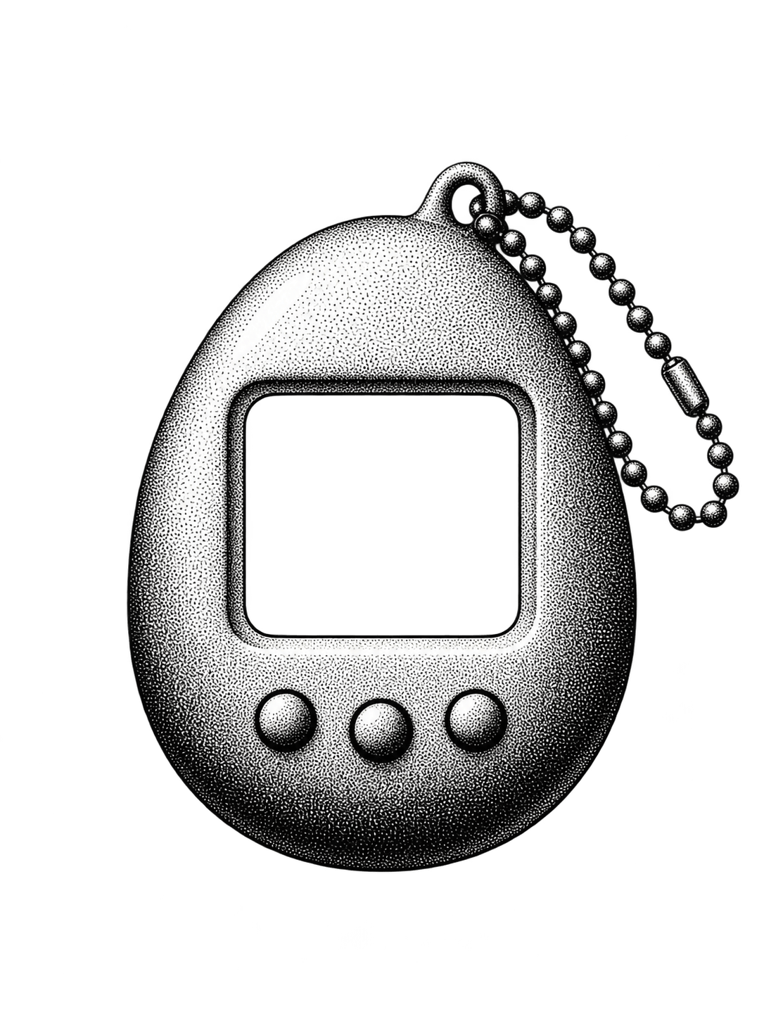 An egg-shaped virtual pet handheld with a bead key chain and three round buttons, printed as black ink dots